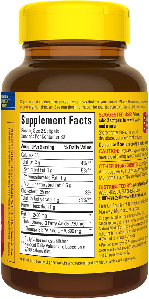 Nature Made Burp Less Fish Oil 1200 mg - 60 Softgels, Omega 3 Fish Oil for Healthy Heart Support, 30 Day Supply