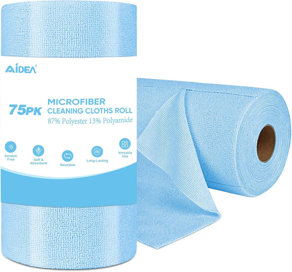 AIDEA Blue Microfiber Cleaning Cloth Roll, 75PK, Washable Shop Rags, Lint Free Cleaning Towels for House, Kitchen, Car