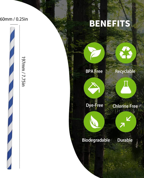 Navy Blue Striped Paper Drinking Straws, Disposable Retro Swirl Straws for Lemonade, Water, Juice, Nautical Party