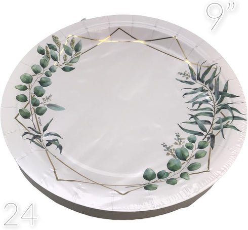 Set 24 Oojami Floral Party Supplies for Eucalyptus Greenery Plates, Cups, Napkins, Straws & Table Covers, Disposable