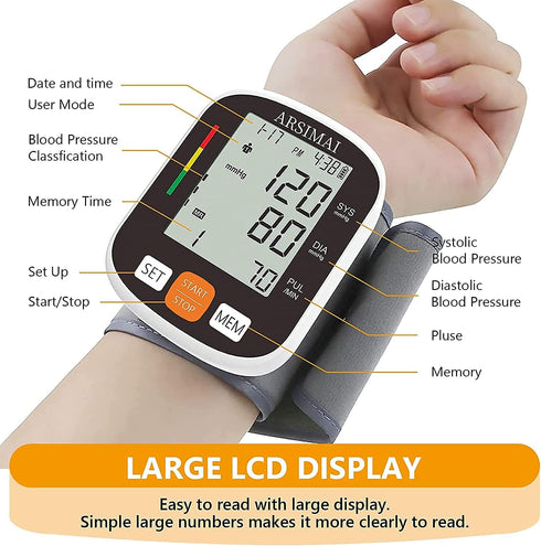 Automatic Wrist Blood Pressure Monitor: Adjustable Cuff + 2AAA Battery and Storage Case - Irregular Heartbeat Detector & 198 Readings Memory Function & Large LCD Screen