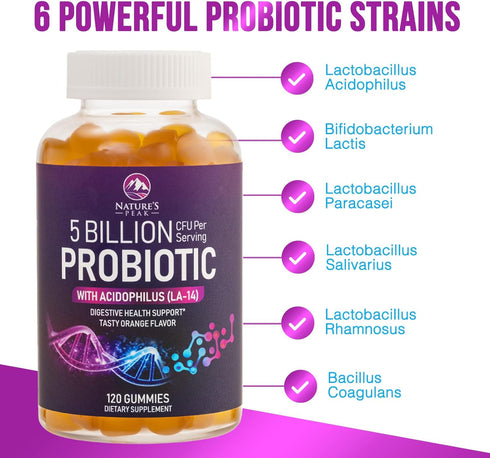 Nature’s Acidophilus Probiotics Gummies, 5 Billion CFU, 6 Strains, Daily Supplement, 120 Gummies, Orange Flavor