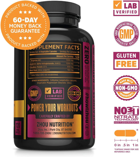 Zhou Nitric Oxide with L Arginine, Citrulline Malate, AAKG, Beet Root - 30 Servings, 120 Veggie Caps