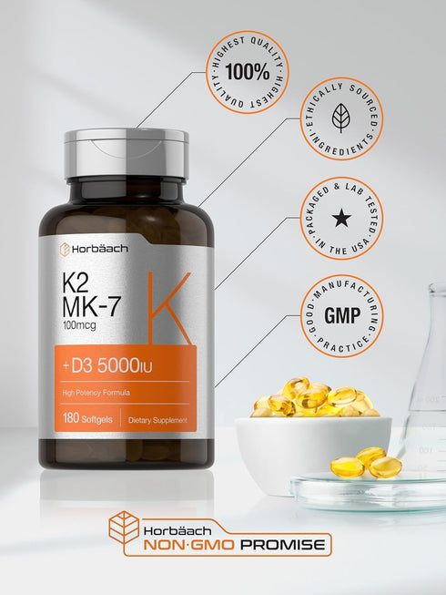 Horbaach Vitamin D3 K2, 5000iu of Vitamin D & 100mcg MK-7 Complex, 180 Softgel Capsules