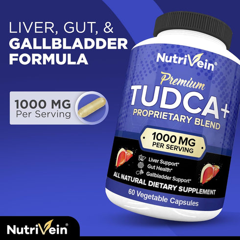 Nutrivein TUDCA+ Liver Support Supplement 1000mg, Liver Detox & Cleanse, 60 Capsules, 30 Day Supply