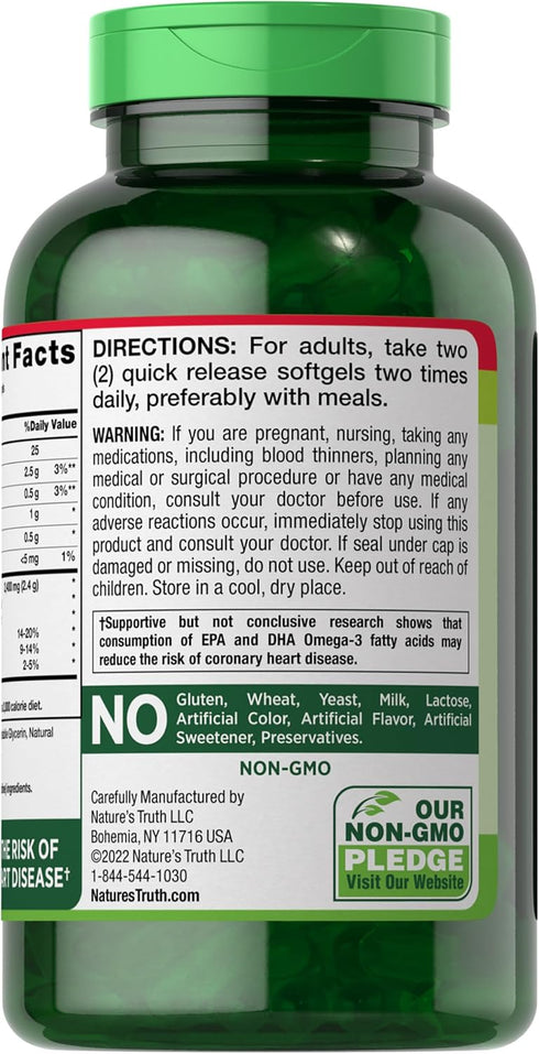 Nature's Truth Burpless Fish Oil 2400mg - 250 Softgels with 720 mg Omega 3, Natural Lemon Flavor, Non-GMO
