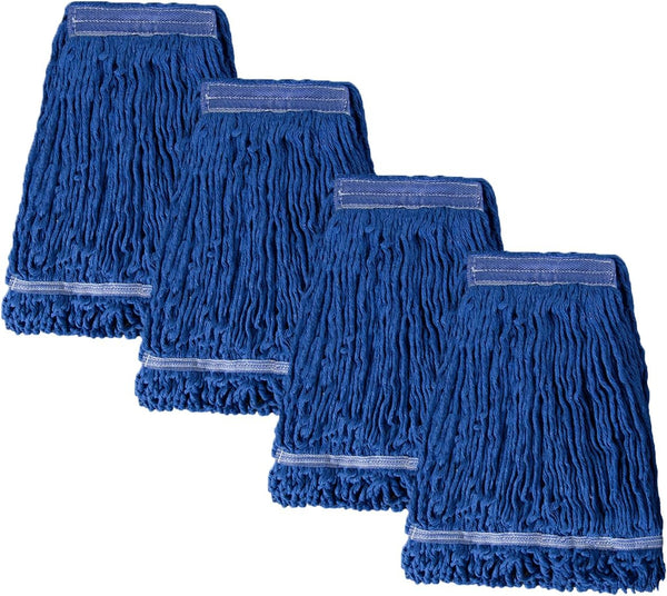 Commercial Mop Head Replacement, Blue Cotton Looped End String, Wet Industrial Cleaning Mop Head Refill, Pack of 4