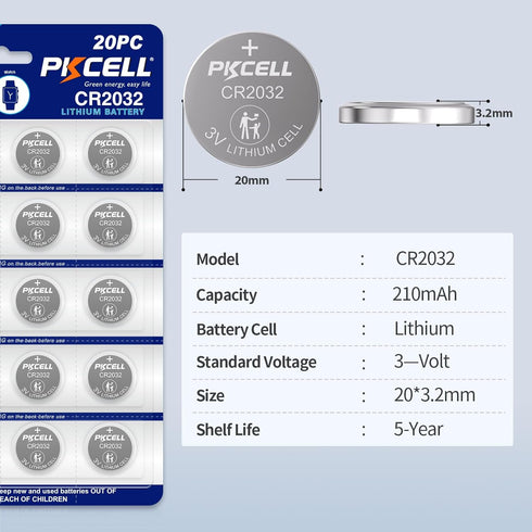 PKCELL CR2032 20-Pack 2032 CR2032 3V Batteries High Capacity Battery Lithium Coin Battery, Compatible with Key Fob, Tea