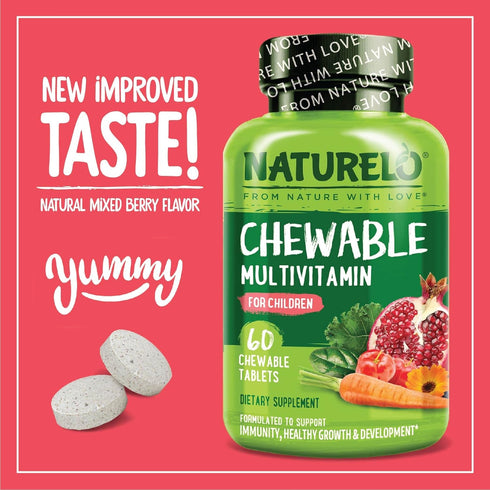 NATURELO Chewable Vitamin for Kids - Multivitamin with Whole Food Organic Fruit Blend, 60 Tablets for Children