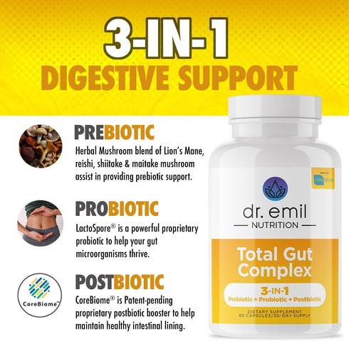 DR. EMIL NUTRITION Total Gut Health Complex - Prebiotic + Probiotic + Postbiotic Gut Health Supplements for Women and Men - Probiotics for Digestive Health & Gut Health, 60 Capsules
