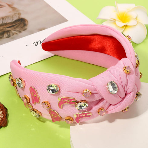 Western Headbands for Women, Jeweled Rhinestone Crystal Knotted Headbands, Cowgirl Hair Accessories (Pink)