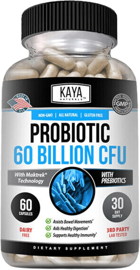 Kaya Naturals Probiotic 60 Billion CFU, 60 Vegetable Capsules, Natural Supplement for Gut Health & Immune Support