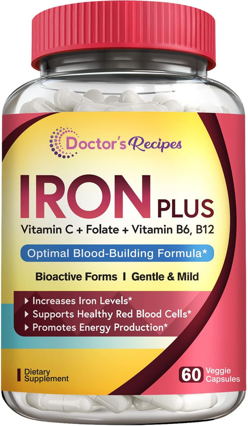 Doctor's Recipes Iron Supplement: Non-Constipating, Gentle Iron Pills with Vitamin C, B6, Folate & B12