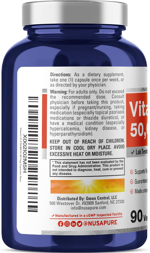 NusaPure Vitamin D3 50,000 IU, 90 Veggie Capsules, Non-GMO, Vegan.