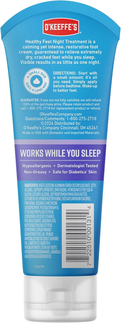O'Keeffe's for Healthy Feet Night Treatment Foot Cream, 3 oz Tube (2 Pack) for Cracked Dry Feet
