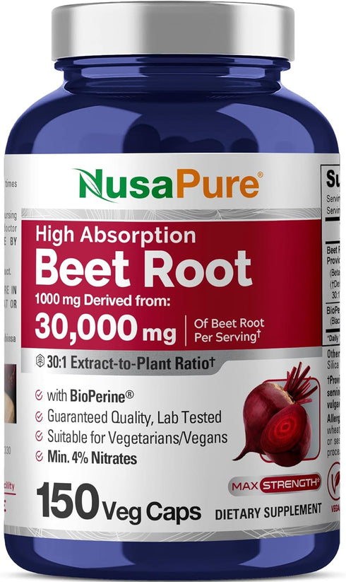 NusaPure Beet Root 30:1 Extract, 1000 mg Equivalent to 30,000 mg, 150 Veggie Caps, Vegan, Non-GMO