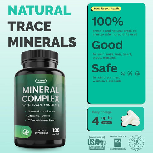 Premium Blend of 52 Trace Minerals Complex with Essential Minerals in Chelated Form – All Natural and 100% Organic - 120 Capsules - Full Spectrum Ionic Mineral Blend - Safe for Women and Men