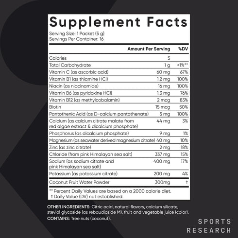 Sports Research Hydrate Electrolytes Powder Packets - Sugar-Free & Naturally Flavored with Vitamins, 16 Packets