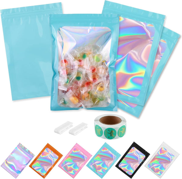 150-pack Holographic Mylar Bags with Clear Window, Resealable Foil Pouches for Food Storage, 7" x 10"