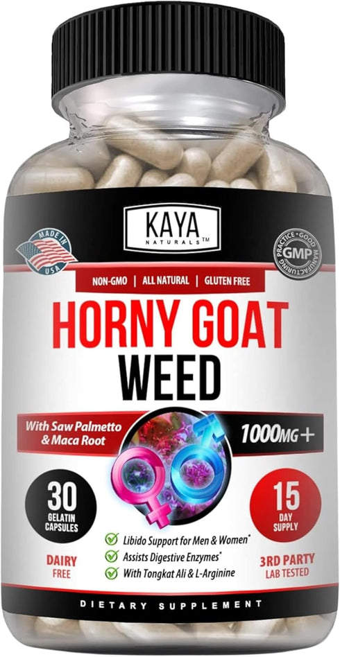 Kaya Naturals Horny Goat Weed for Men & Women, 1560mg Extra Strength with Maca, 30 Count Libido Enhancing Supplement