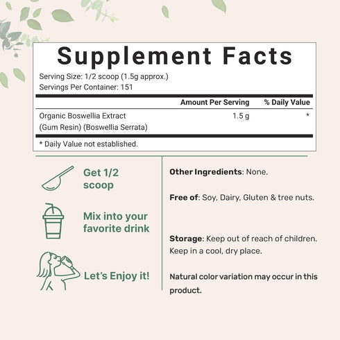 Micro Ingredients Organic Boswellia Serrata Extract Powder, 8 Ounce, Pure Supplement for Joints and Bones Health