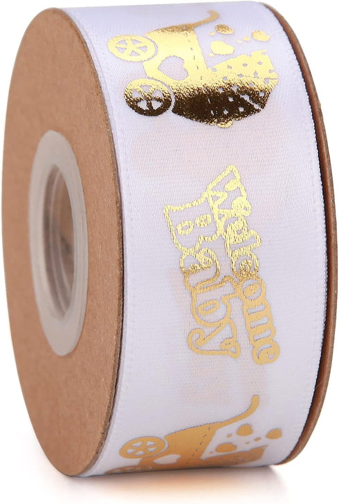 40 Yards White and Gold Baby Shower Ribbon Welcome Baby Foot Print Ribbons for Crafts, Gift Wrapping, Party Decoration