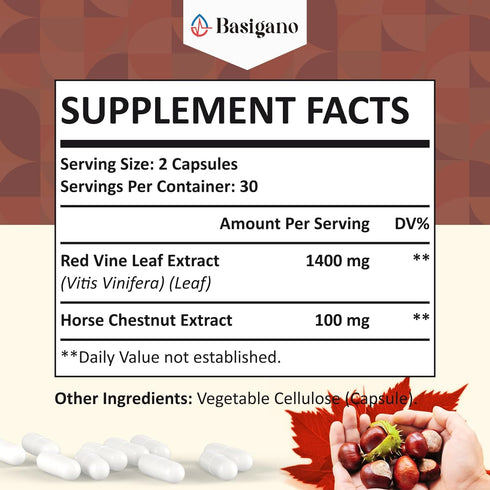 Red Vine Leaf & Horse Chestnut Extract Capsule Supplements, 1500mg for Healthy Veins, Circulation, Heart - 2 Pack