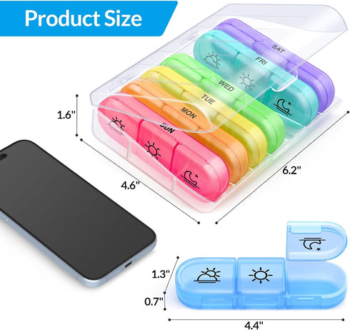 ZIKEE Compact Weekly Pill Organizer 3 Times a Day - 7 Day Pill Box with Roomy Case for Vitamins, Fish Oils, Supplements