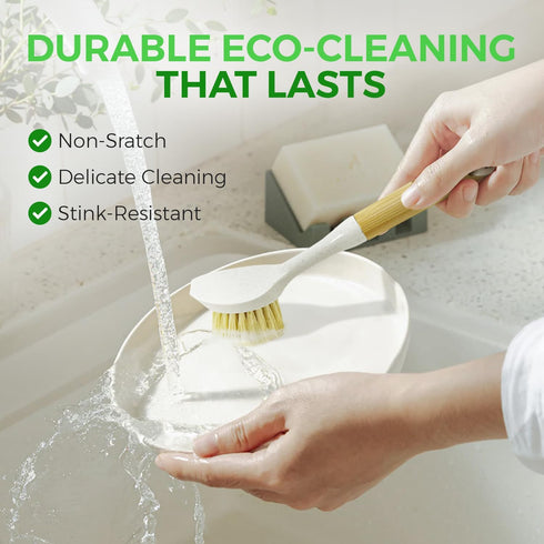 Set 2 AIRNEX Bamboo Dish Brush of - Dishwasher Brush w/Handle Made of Wheat Straw & Sisal Bristles - Non Scratch