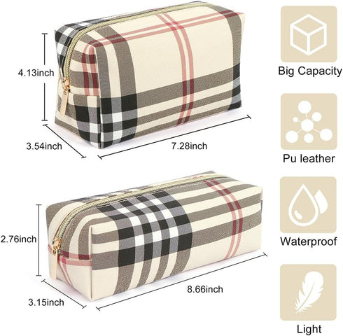 MAANGE Small Makeup Bag for Purse, 2 PCS Leather Travel Pouch, Portable Zipper Makeup Brushes Bag - Khaki Plaid