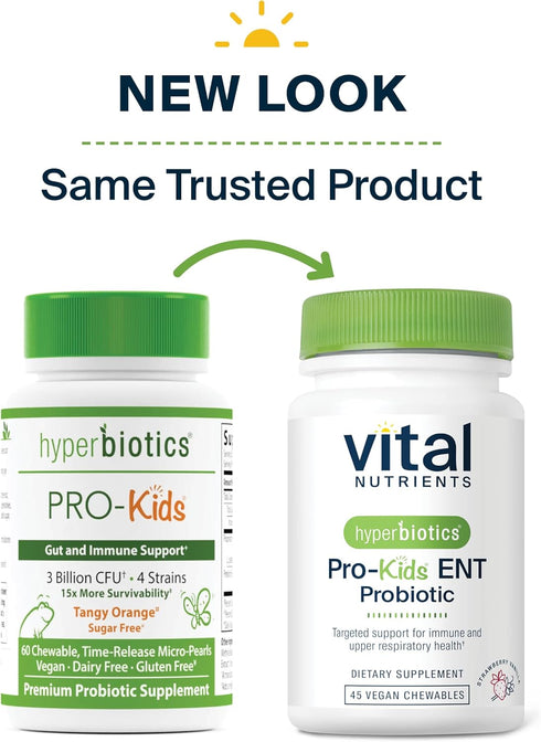Hyperbiotics Vital Nutrients Pro Kids Probiotic ENT, Strawberry-Vanilla, 45 Sugar-Free Chewable Tablets