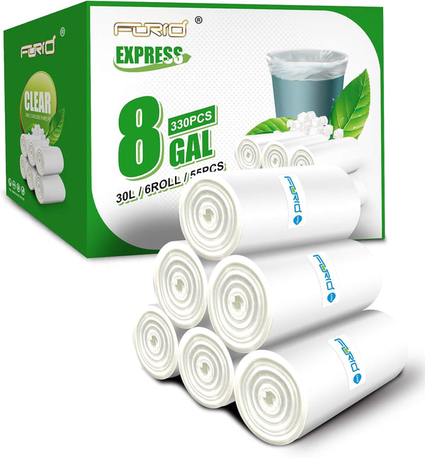 Clear Medium Garbage Bags - 8 Gallon Trash Bags FORID, 330 Count Plastic Liners for Bathroom, Bedroom, Office Trash Can