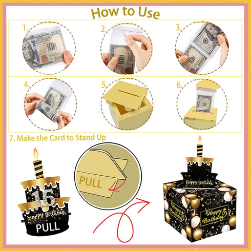 Rxwstt Birthday Money Box for Cash Gift, Pull Out Explosion Surprise Box, Money Roll Cake Pull Out Kit with Cards