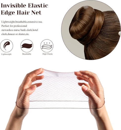 KKTech Pack of 15 Hair Nets, Invisible Elastic Edge Mesh, 50cm (Coffee)