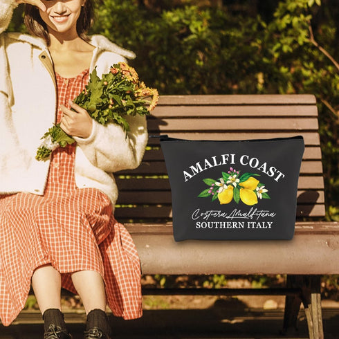 Italy Traveler Makeup Bag, Girls Amalfi Coast Trip Gift, Southern Italy Cosmetic Bag with Italian Lemon Tree Design