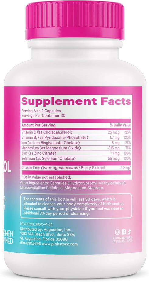 Pink Stork Birth Control Cleanse for Hormone Balance, with Chaste Tree Berry, Magnesium, Selenium, 60 Capsules