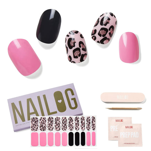 NAILOG Semi Cured Gel Nail Strips, 20 Extra Long Polish Stickers, Glossy & Long Lasting, Pink Leopard
