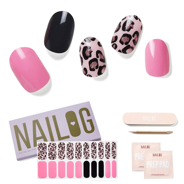 NAILOG Semi Cured Gel Nail Strips, 20 Extra Long Polish Stickers, Glossy & Long Lasting, Pink Leopard
