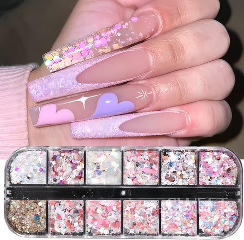 12 Grids Nail Art Glitter Sequins, Holographic Hexagon Chunky Nail Glitter Shiny Heart Mermaid Nail Flakes Sequins Nail Art Supplies Hexagon Nail Charms for Women DIY Acrylic Nails Decoration