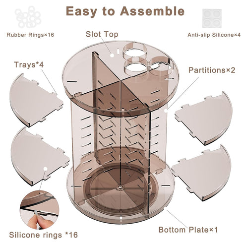 Rotating Makeup Organizer for Countertop, DIY Adjustable Trays Spinning Skincare Organizers with Brush Holder