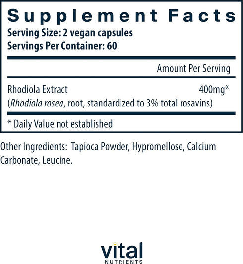 Vital Nutrients Rhodiola Rosea Supplement for Healthy Energy, Memory, Stress Support, 120 Capsules