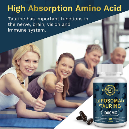 Liposomal Taurine Supplement 1000mg - High Absorption Amino Acid for Heart, Nerve, Brain & Muscle, 60 Softgels