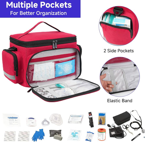 LEFORZ Student,Therapist,Doctors,Red(11.7x7.6x8inch) Small Medical Bag,First Aid Bag Empty,Home Health Nurse Bag