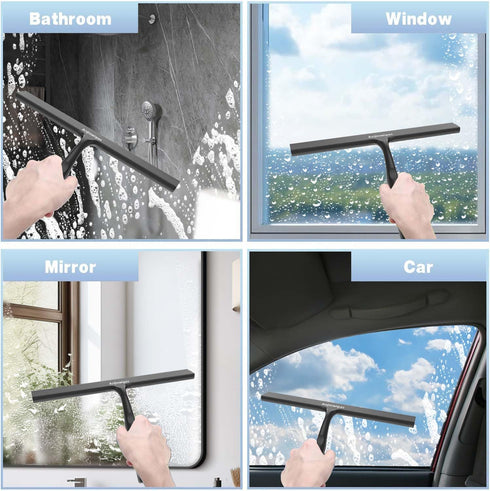 Wall(10 inch-Black) Household Squeegee for Shower Glass Doors, Silicone Shower Squeegee with Adhesive Hook, Bathroom
