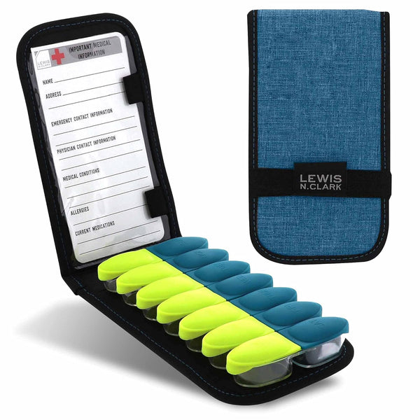 Lewis N. Clark Magnetic Folding Pill Organizer, 14 Slots for OTC Medicine and Vitamins, Turquoise