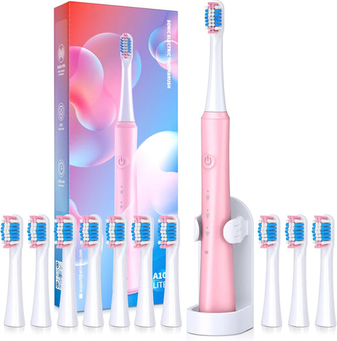 Electric Toothbrush for Adults, 10 Brush Heads, Rechargeable, 40000 VPM, 3 Modes, Smart Timer, Pink