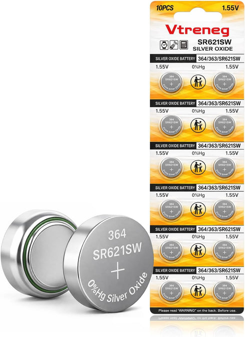 Vtreneg 10 Pack 364 SR621SW Watch Battery 363 164 AG1 1.55V Silver Oxide