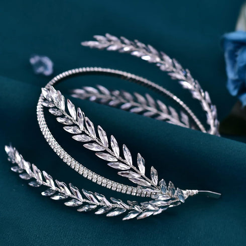 JHOO Bridal Headband Wedding Hair Accessories Rhinestone Wheat Spike Double Layer Handmade (Silver)