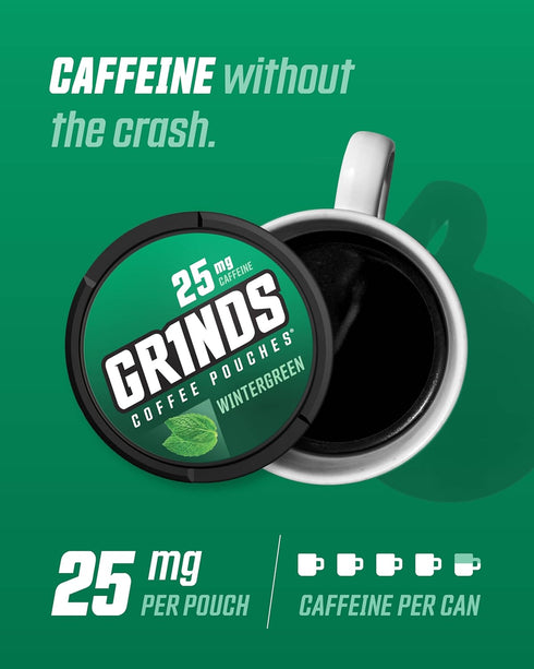 Grinds Coffee Pouches | Tobacco Free, Nicotine Free Healthy Alternative | 3 Cans Wintergreen, 18 Pouches Per Can