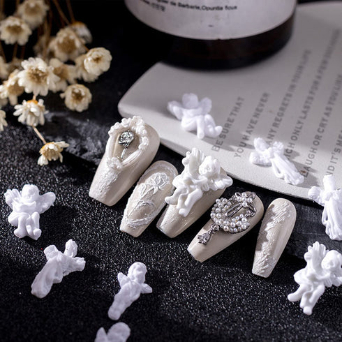 WOKOTO 90PCS White Embossed Angel Nail Charms - 3D Acrylic Nails Accessories, Retro Baroque Designs for Women